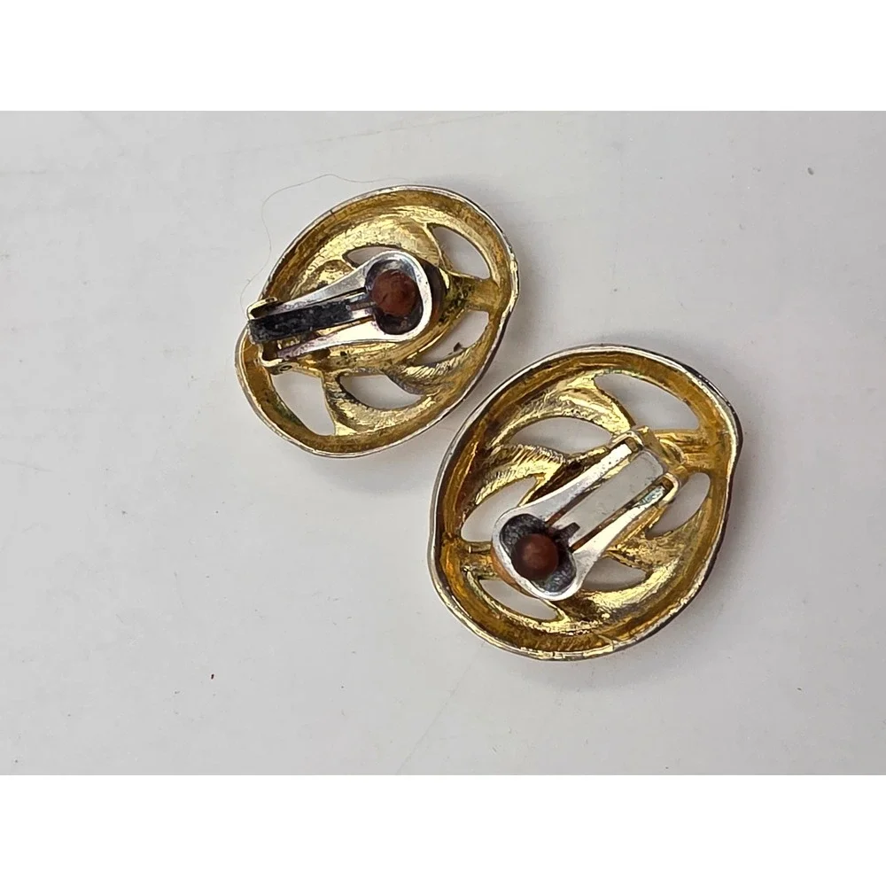 Vintage Gold Tone Abstract Openwork Oval Clip On Earrings Statement Jewelry